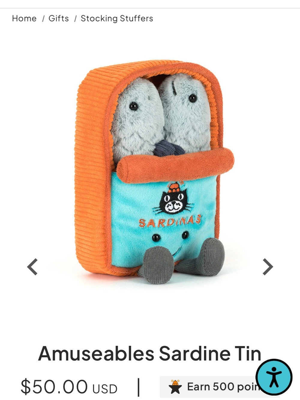 Sardine Tin Plush Toy - Turquoise & Orange NWT